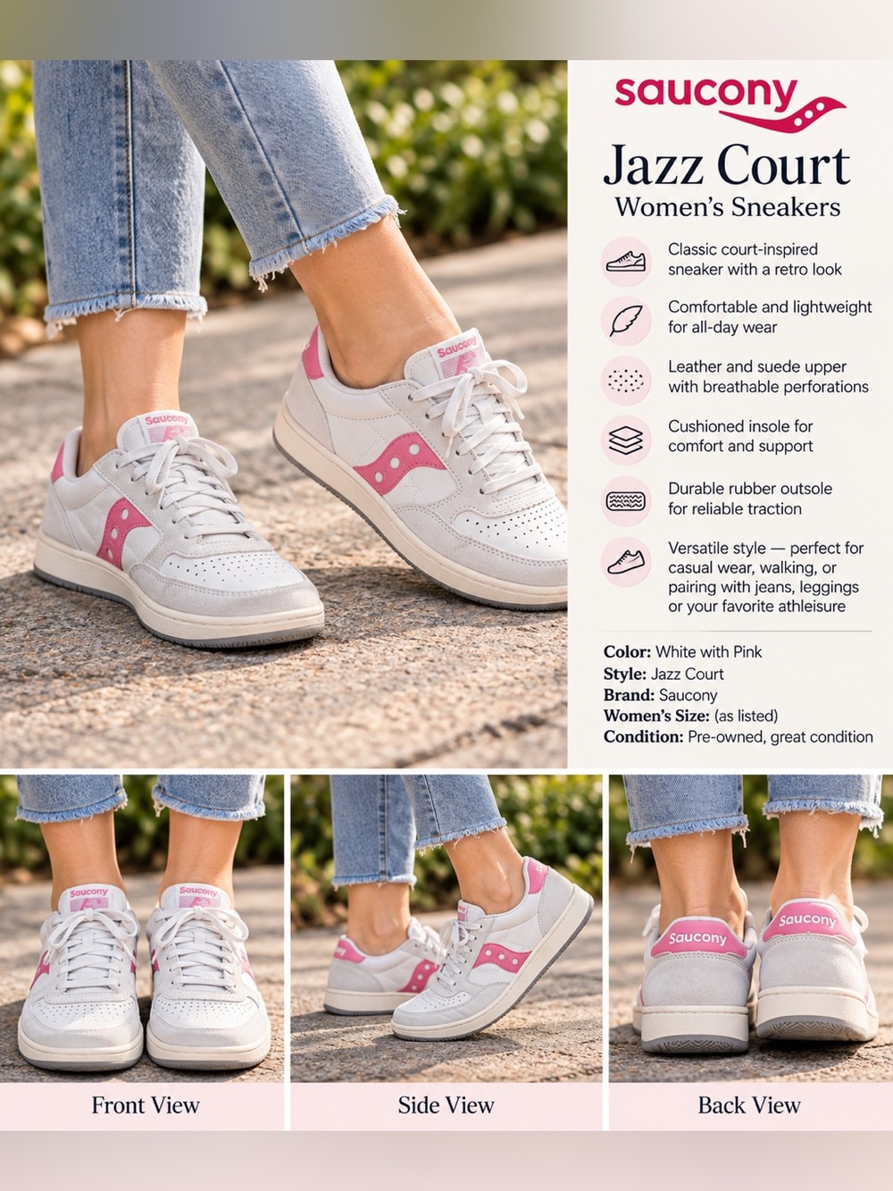 Saucony White with Pink Jazz Court Women's Sneakers